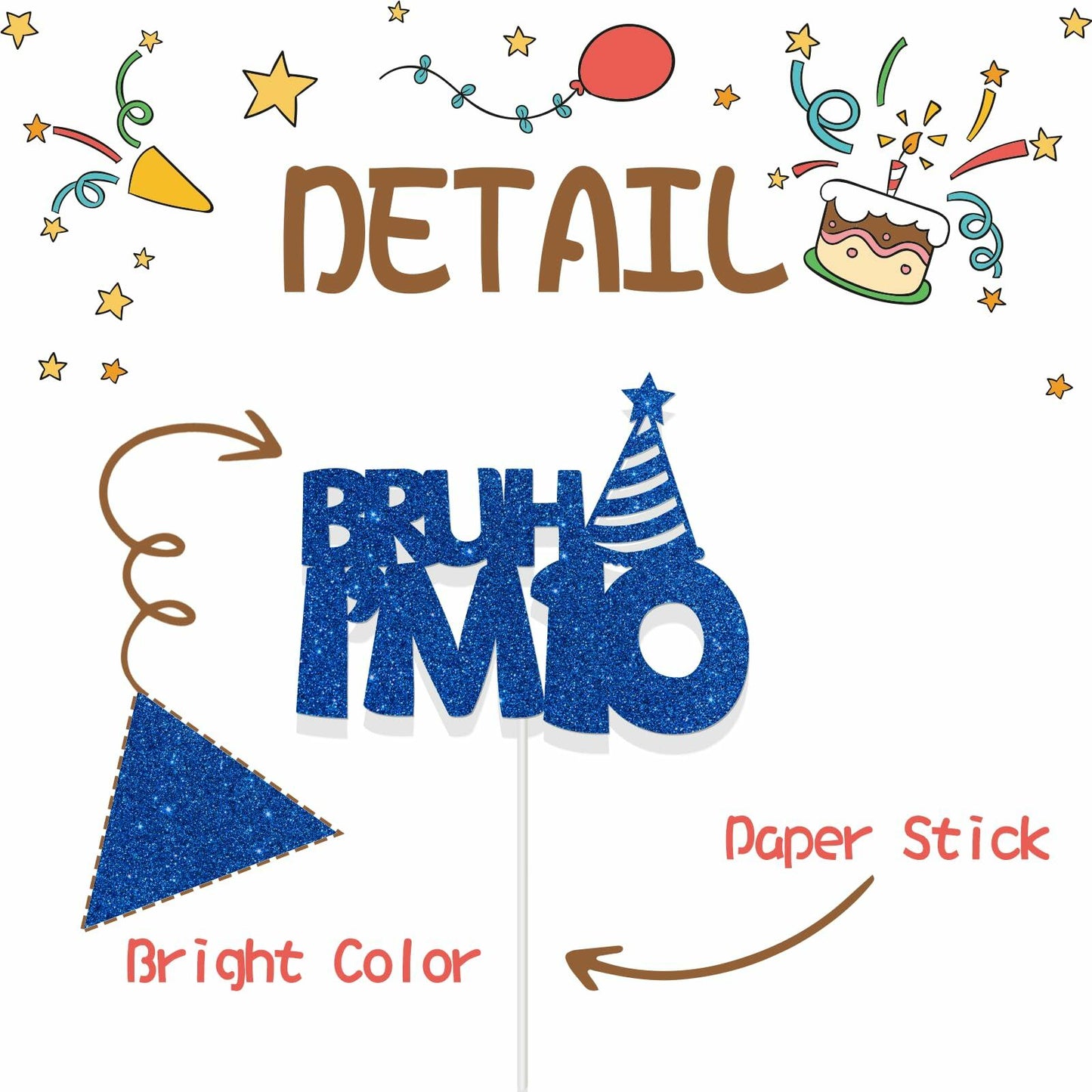 “Bruh I’m 10” Blue Glitter Cake Topper 10th Birthday Party Decor Kids Boys