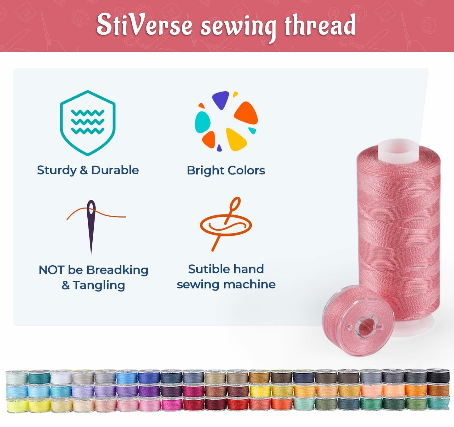 StiVerse 144PC Sewing Thread Bobbins 60 Colors 500Y Polyester DIY Supplies