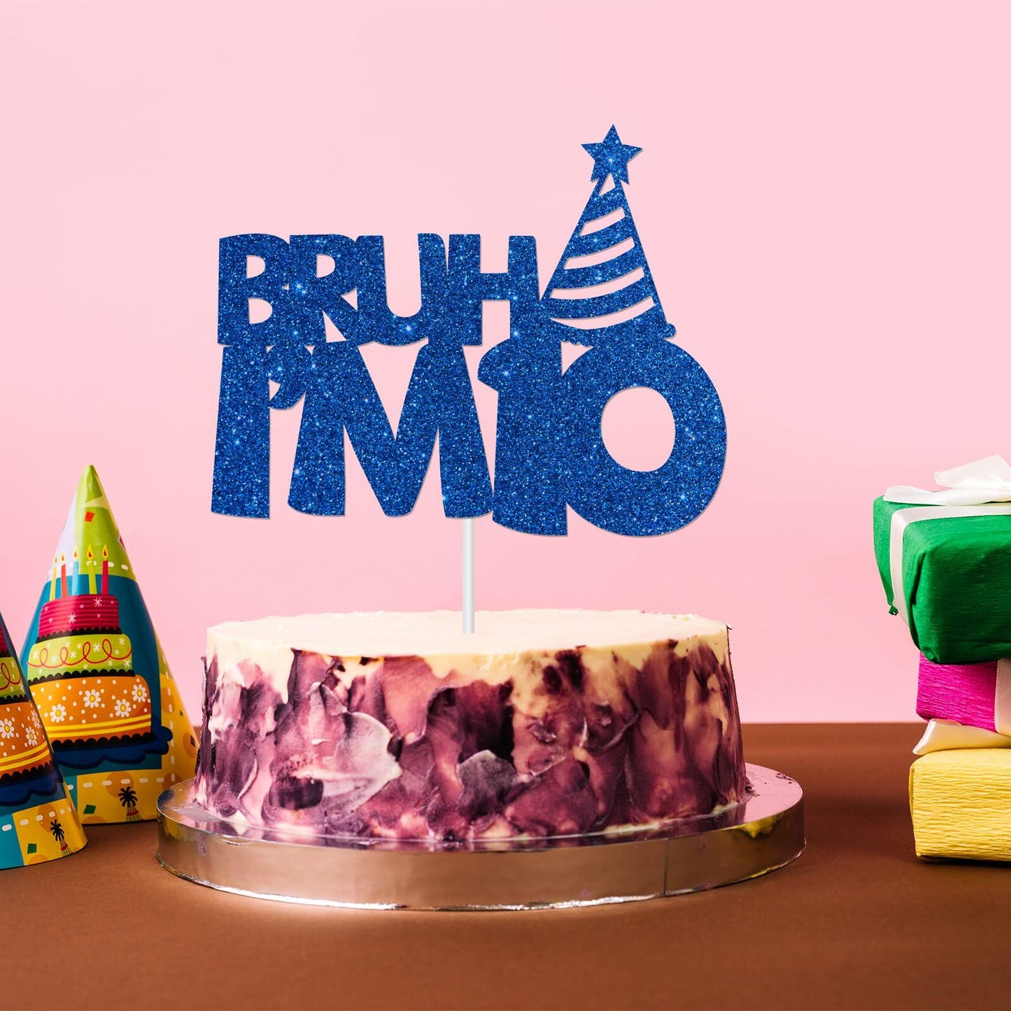 “Bruh I’m 10” Blue Glitter Cake Topper 10th Birthday Party Decor Kids Boys