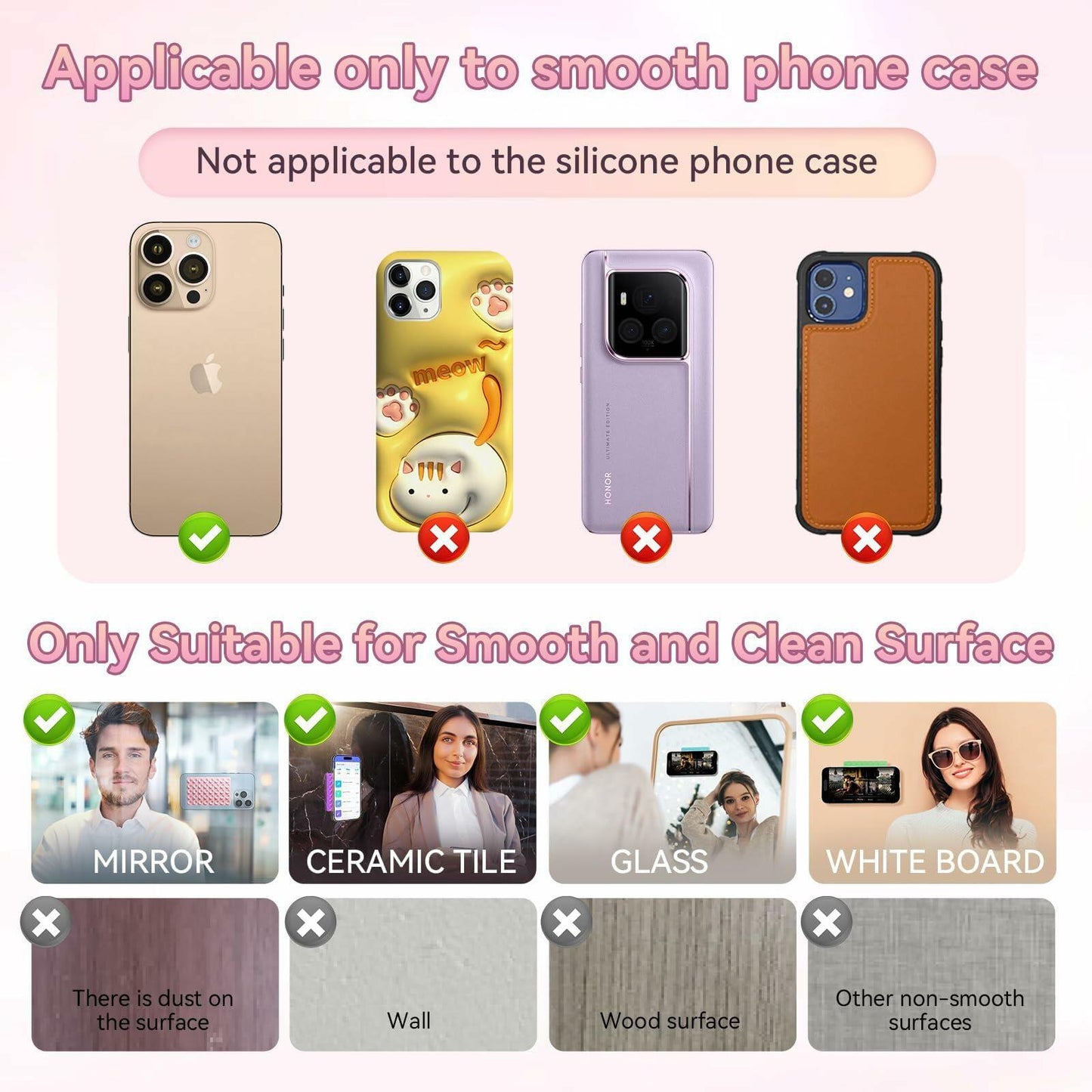 YZLELEQ Silicone Suction Phone Holder Double-Sided Mount Pink iPhone Android