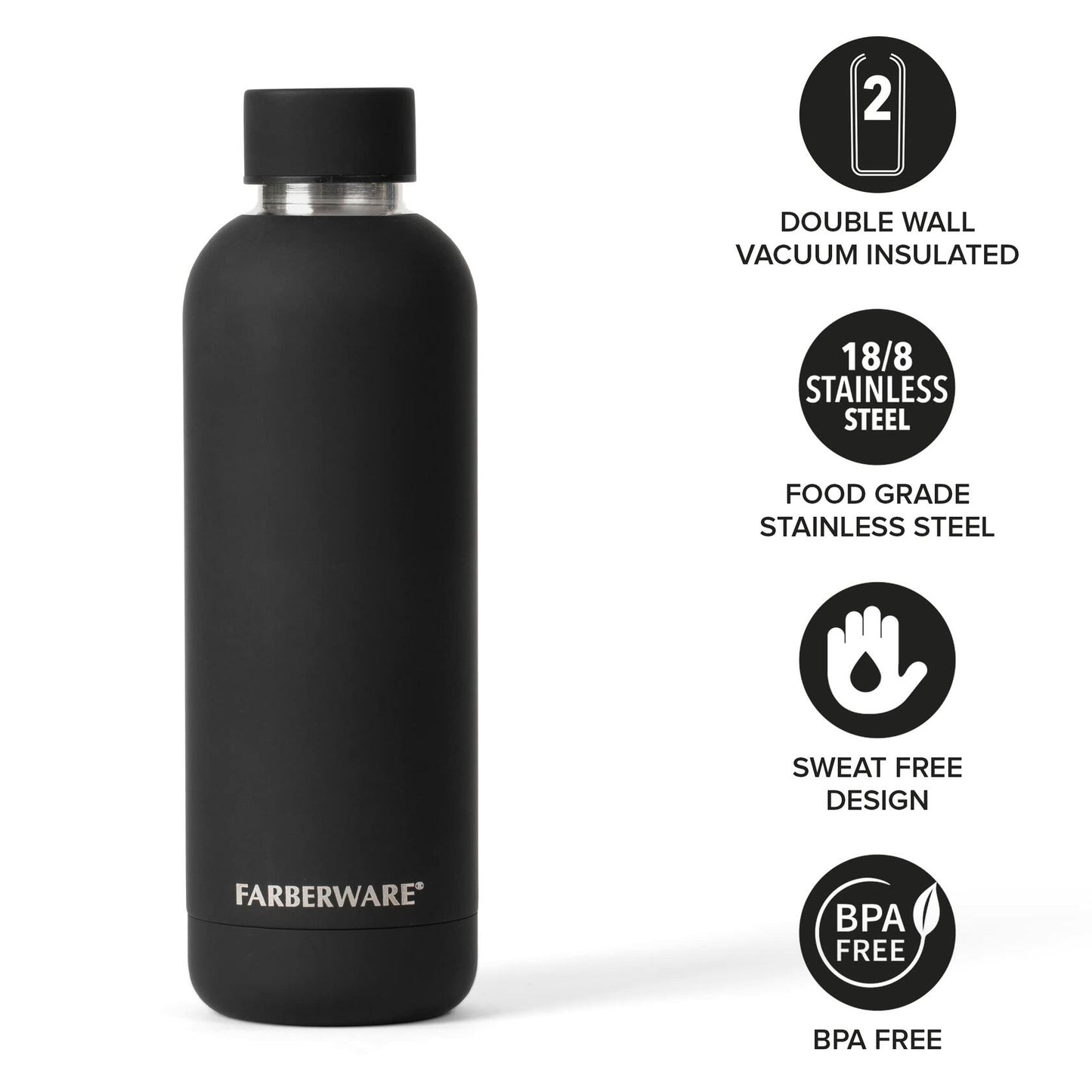 Farberware Stainless Steel Water Bottle 16oz Insulated Hot Cold Black