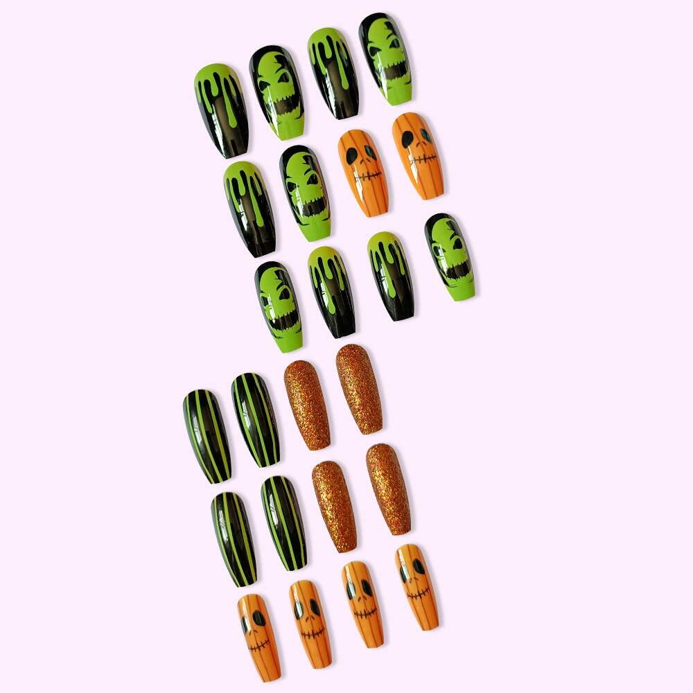 Pink Halloween Press On Nails Almond Matte Pumpkin Bat Design 24pcs