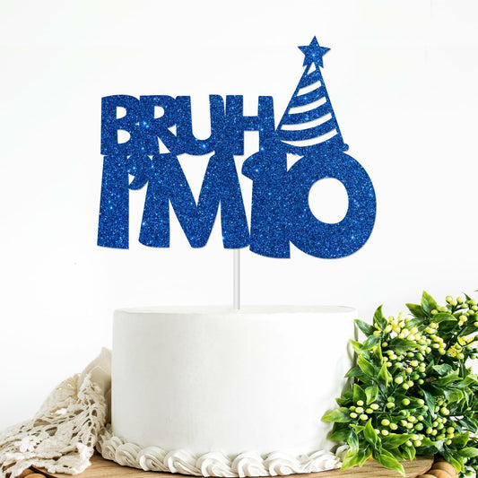 “Bruh I’m 10” Blue Glitter Cake Topper 10th Birthday Party Decor Kids Boys