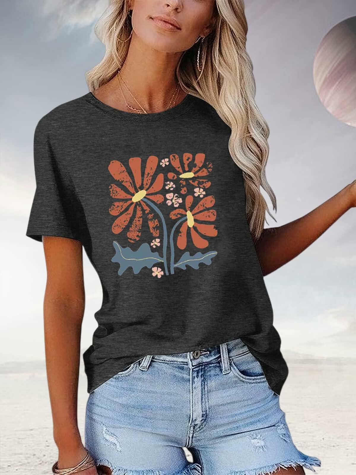 Floral Graphic Boho Women T-Shirt Vintage Wildflower Print Round Neck Small