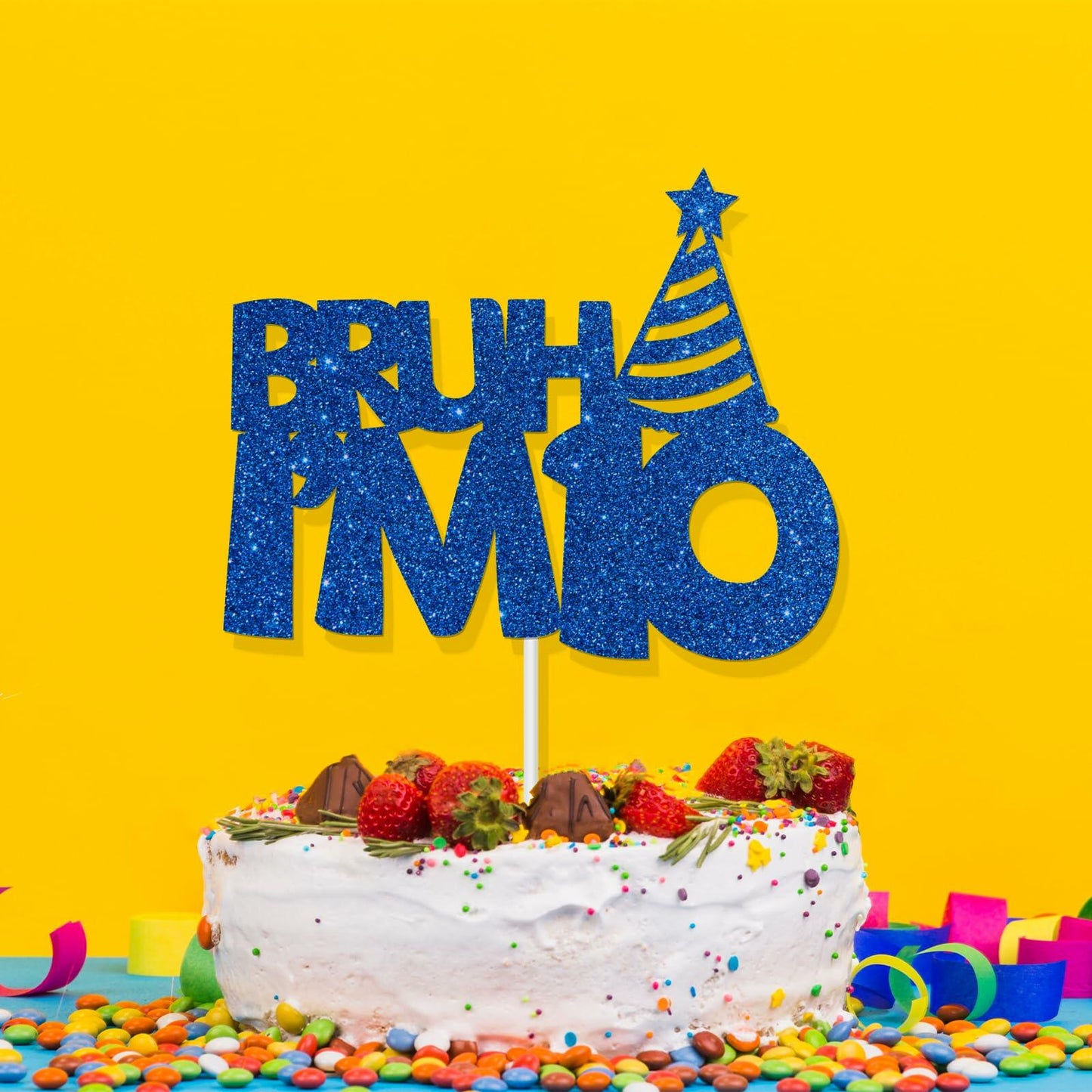 “Bruh I’m 10” Blue Glitter Cake Topper 10th Birthday Party Decor Kids Boys