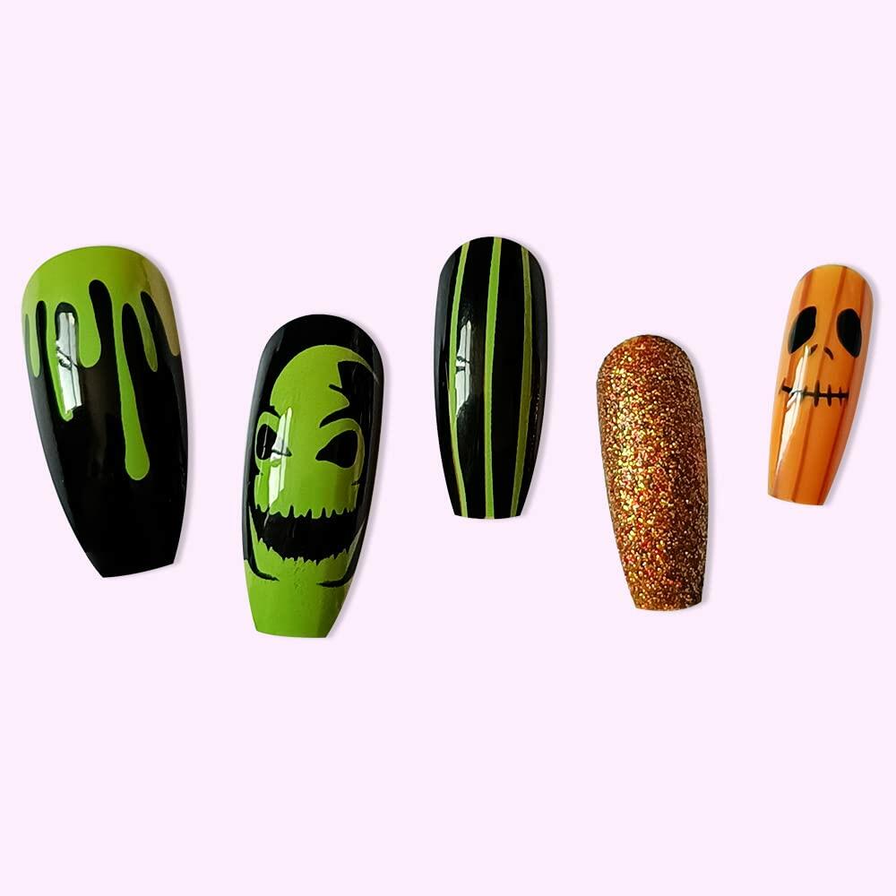 Pink Halloween Press On Nails Almond Matte Pumpkin Bat Design 24pcs