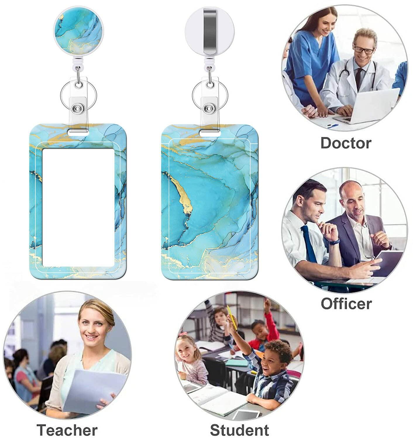 Retractable Badge Holder Carabiner ID Reel Keychain Gilt Marble Blue