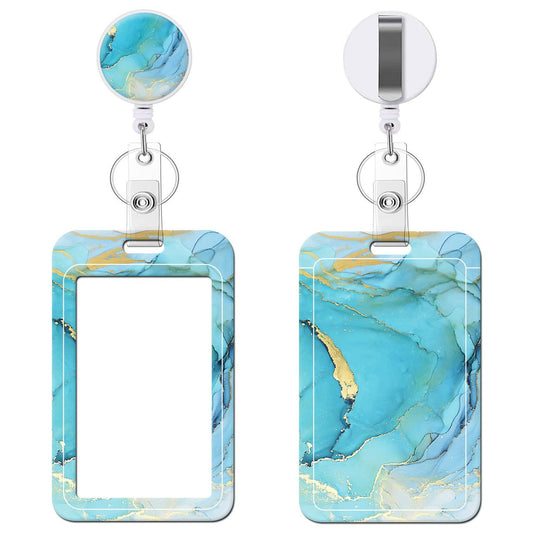 Retractable Badge Holder Carabiner ID Reel Keychain Gilt Marble Blue