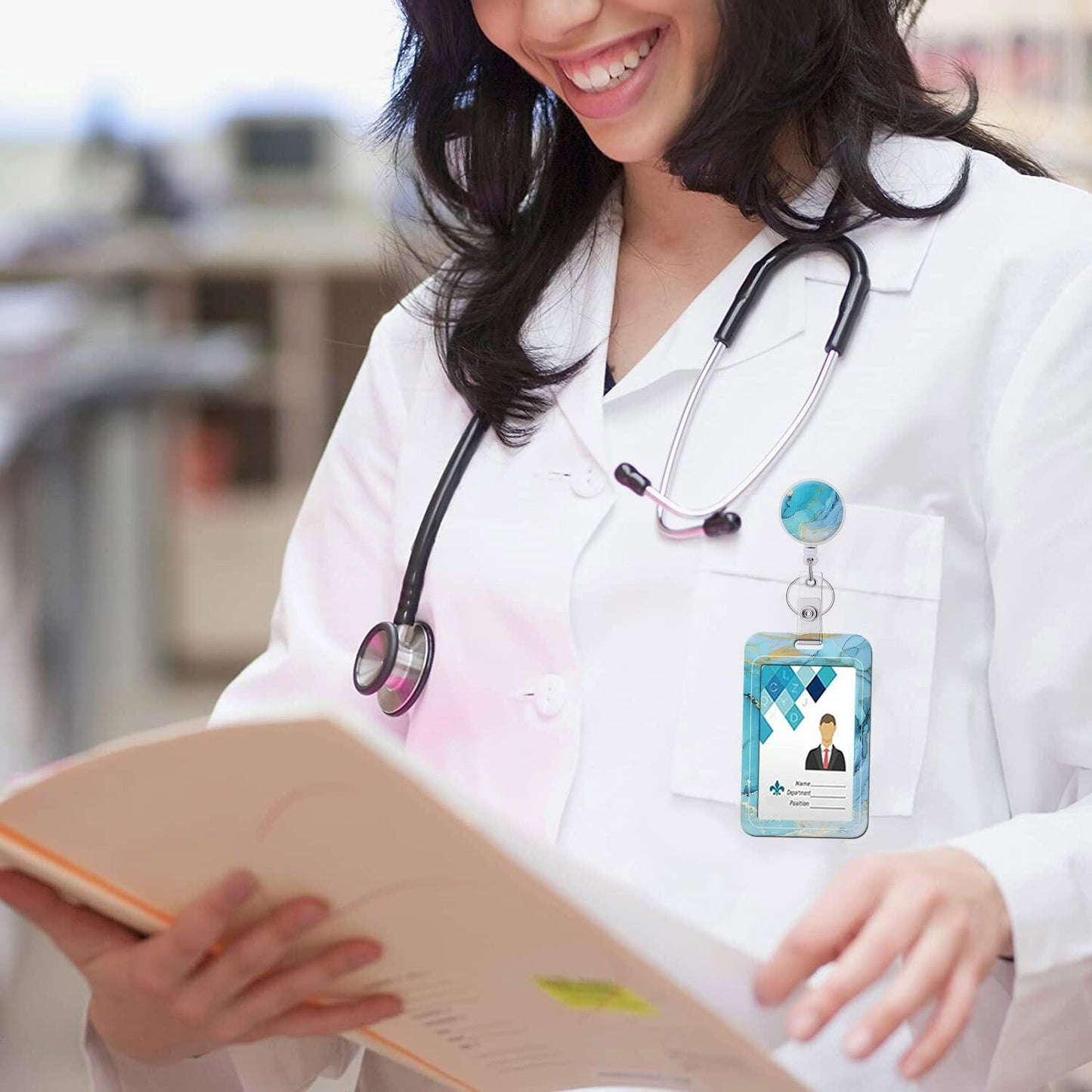 Retractable Badge Holder Carabiner ID Reel Keychain Gilt Marble Blue