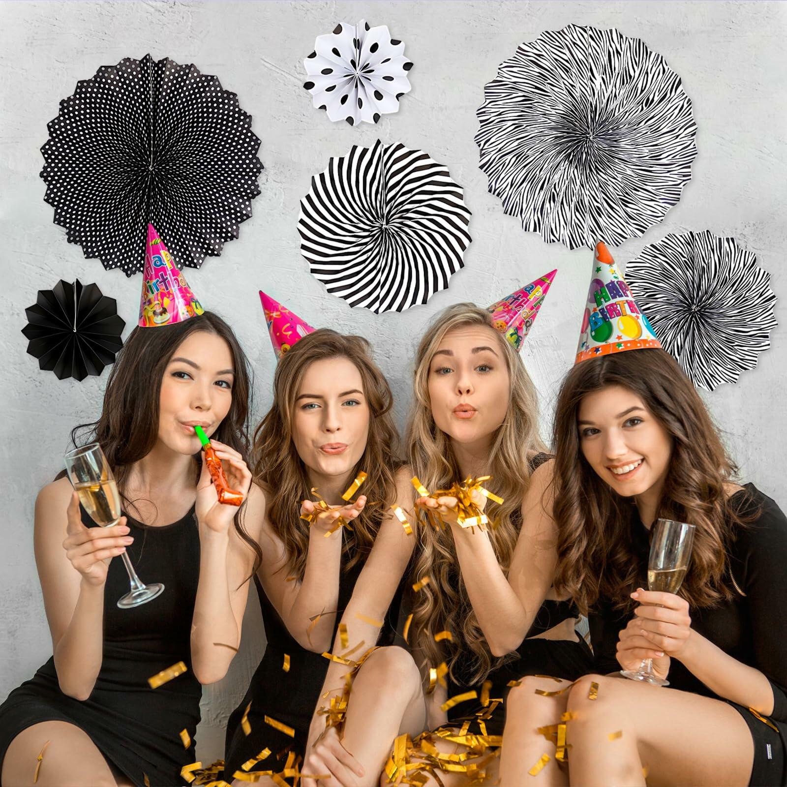 6PCS Black Hanging Paper Fans Party Decorations for Birthday, Wedding & Shower