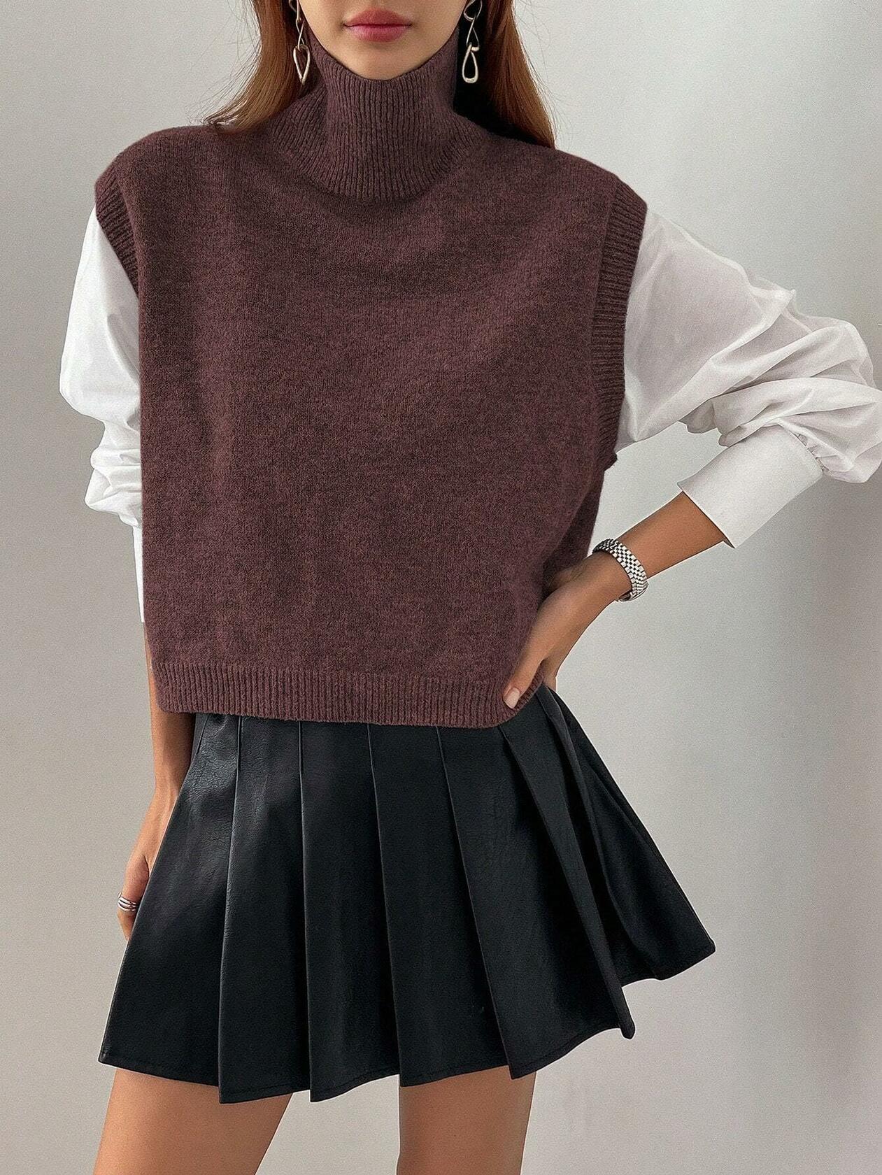 Naileksi Women’s Turtleneck Crop Sweater Vest – Sleeveless Knitted Top, Brown