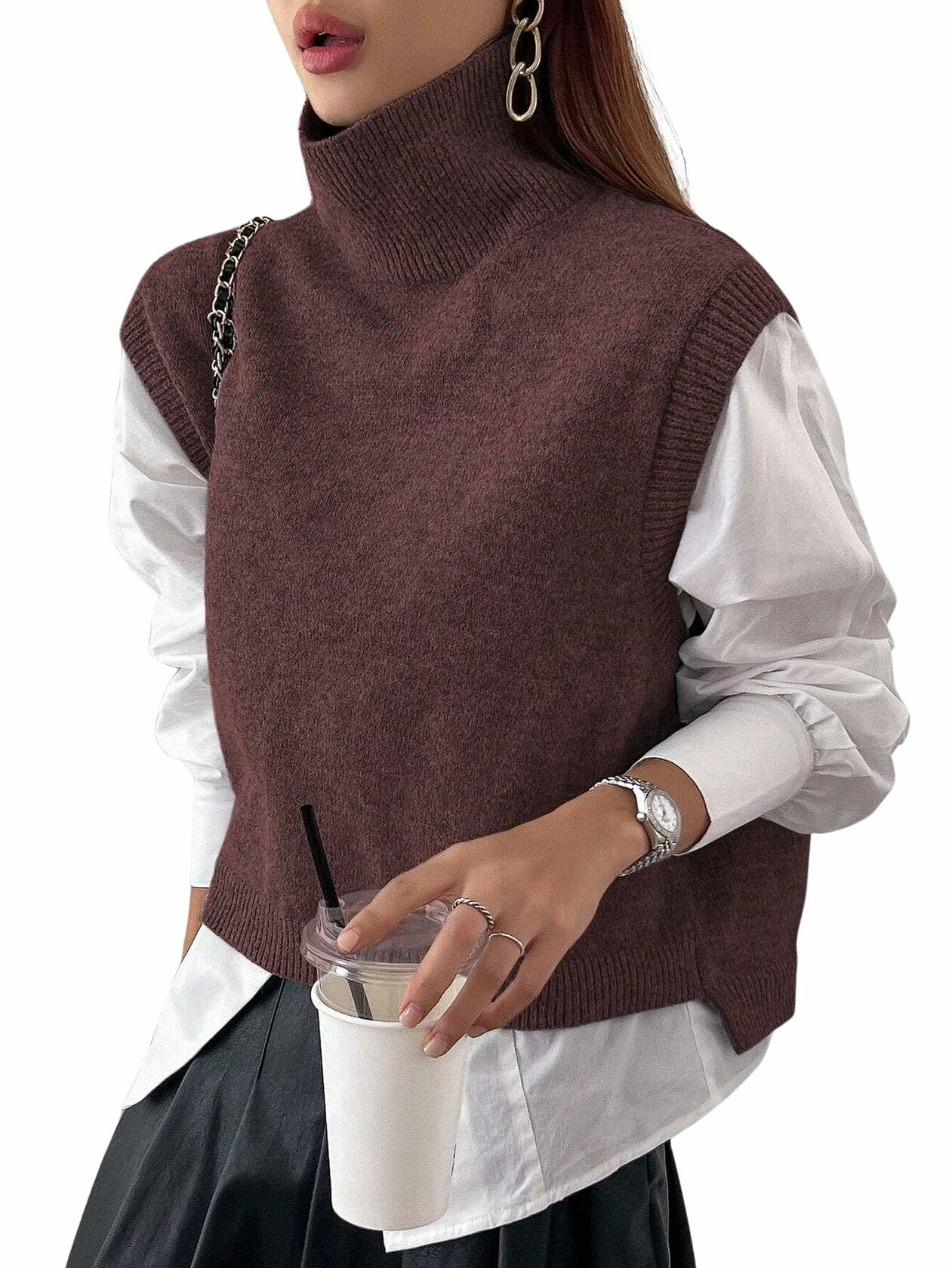 Naileksi Women’s Turtleneck Crop Sweater Vest – Sleeveless Knitted Top, Brown