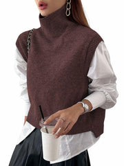 Naileksi Women’s Turtleneck Crop Sweater Vest – Sleeveless Knitted Top, Brown