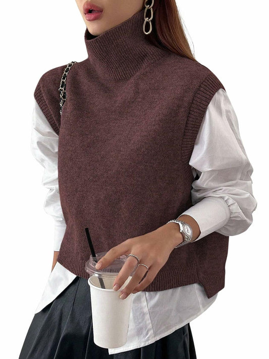 Naileksi Women’s Turtleneck Crop Sweater Vest – Sleeveless Knitted Top, Brown