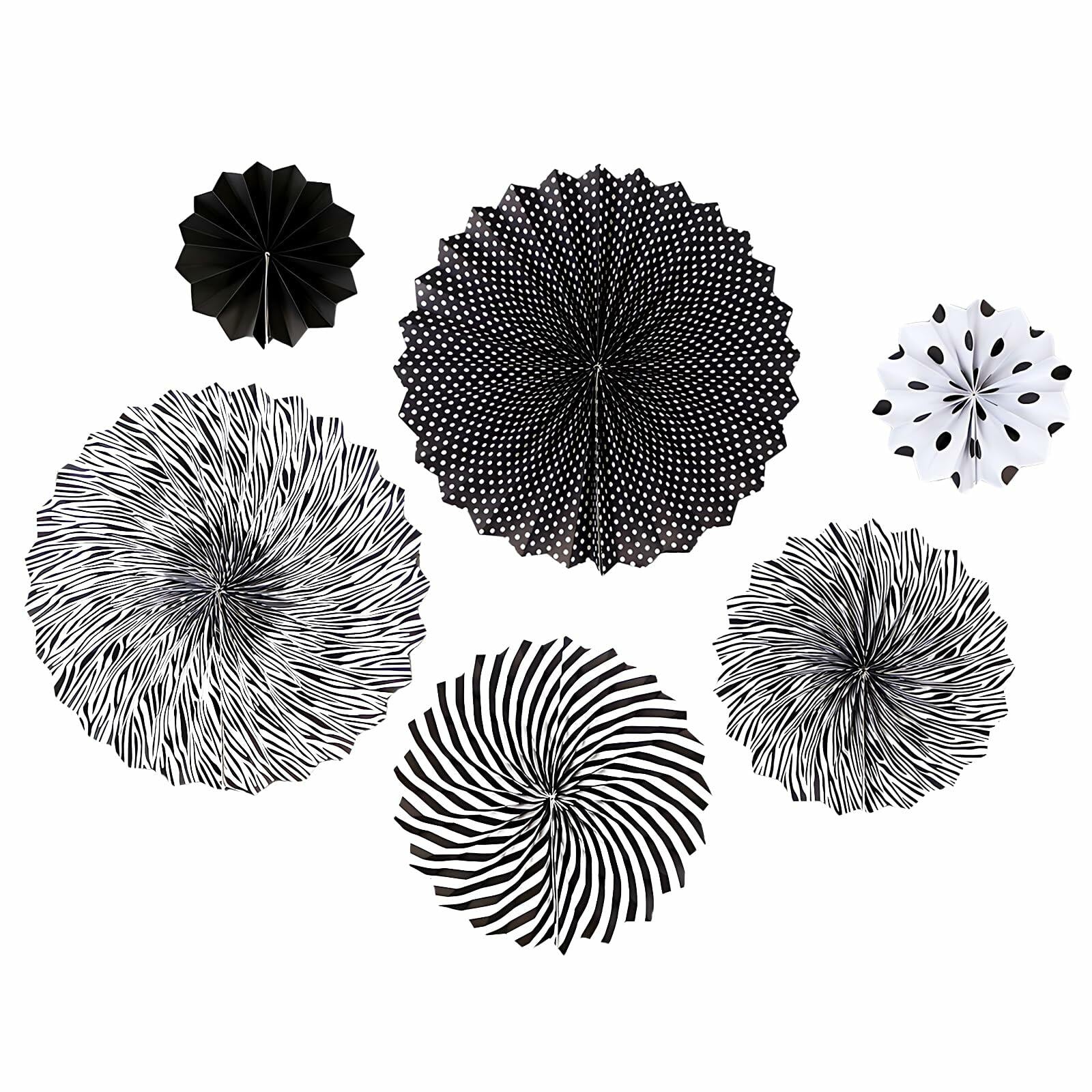 6PCS Black Hanging Paper Fans Party Decorations for Birthday, Wedding & Shower