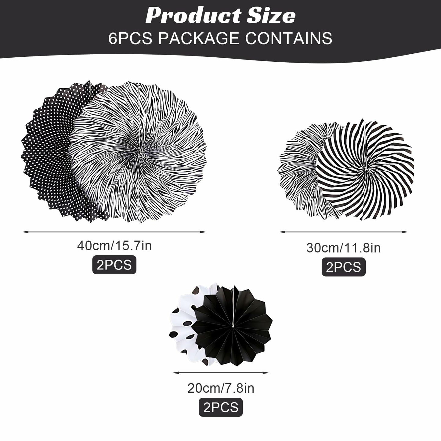 6PCS Black Hanging Paper Fans Party Decorations for Birthday, Wedding & Shower
