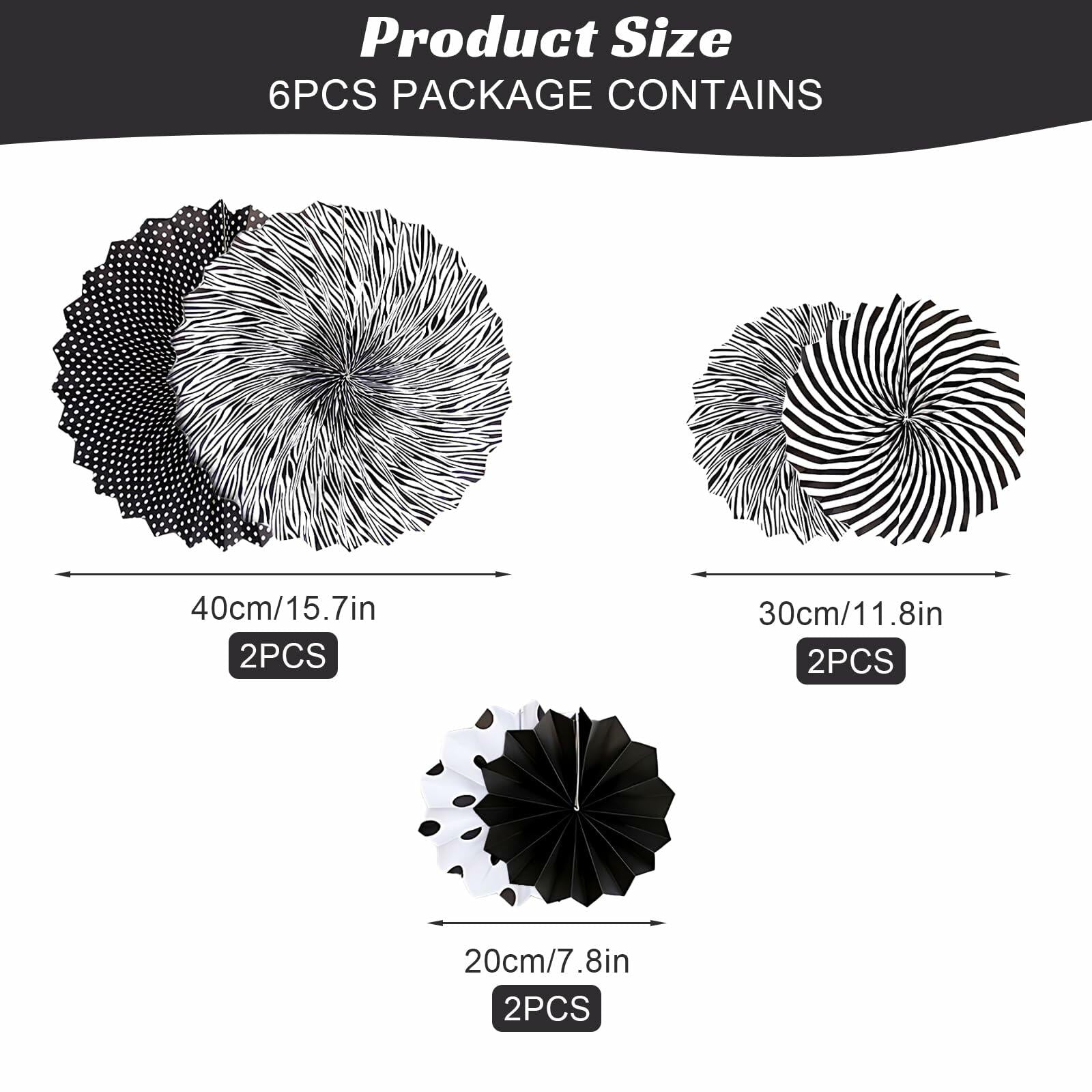 6PCS Black Hanging Paper Fans Party Decorations for Birthday, Wedding & Shower