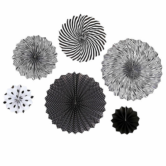 6PCS Black Hanging Paper Fans Party Decorations for Birthday, Wedding & Shower