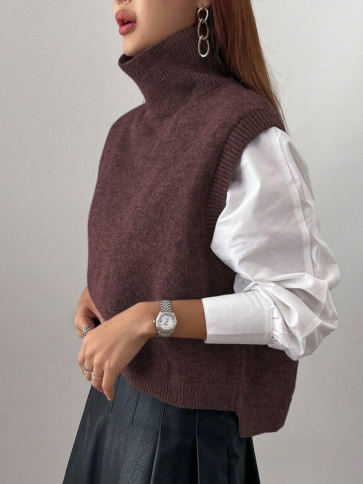 Naileksi Women’s Turtleneck Crop Sweater Vest – Sleeveless Knitted Top, Brown