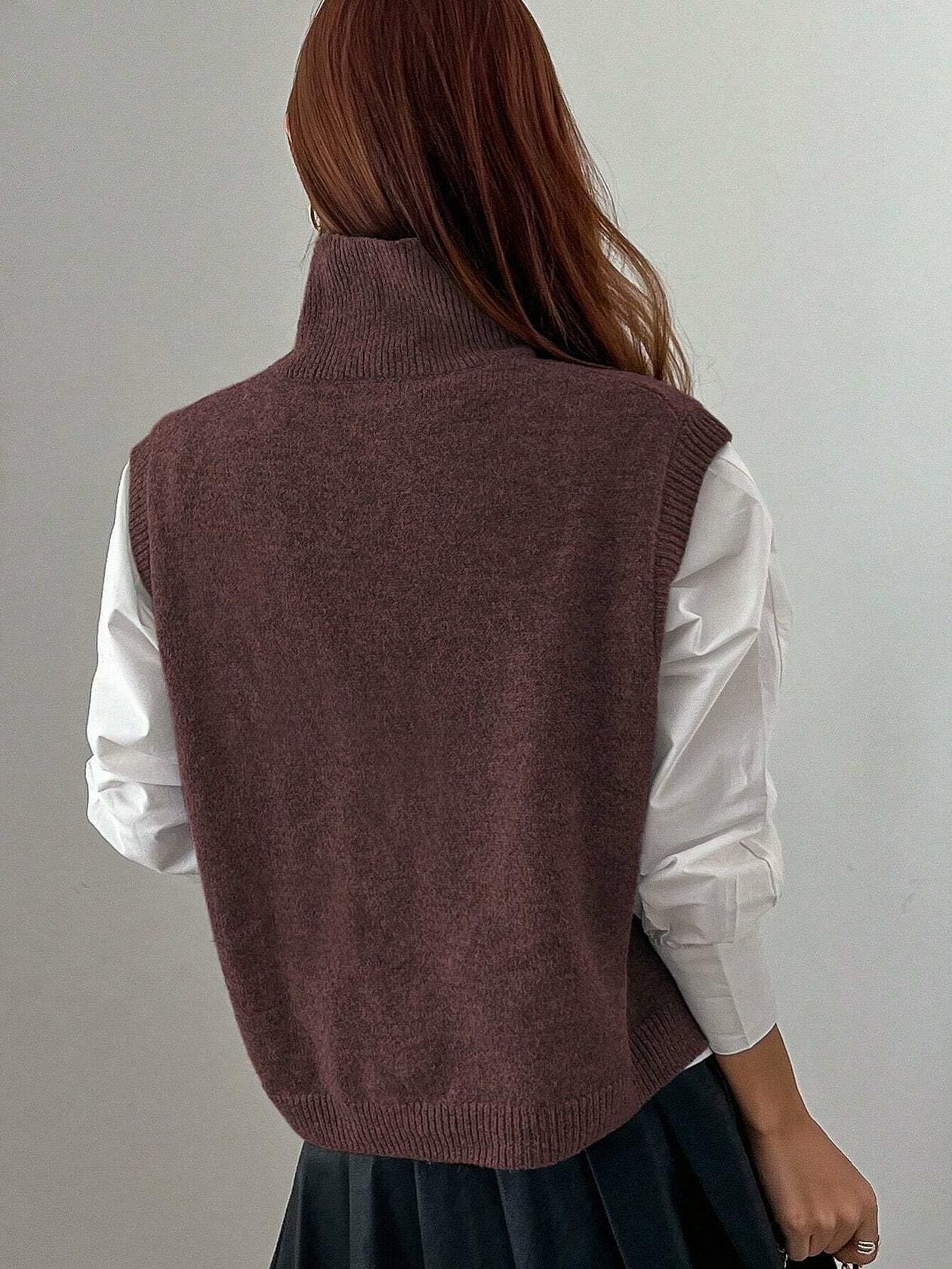 Naileksi Women’s Turtleneck Crop Sweater Vest – Sleeveless Knitted Top, Brown