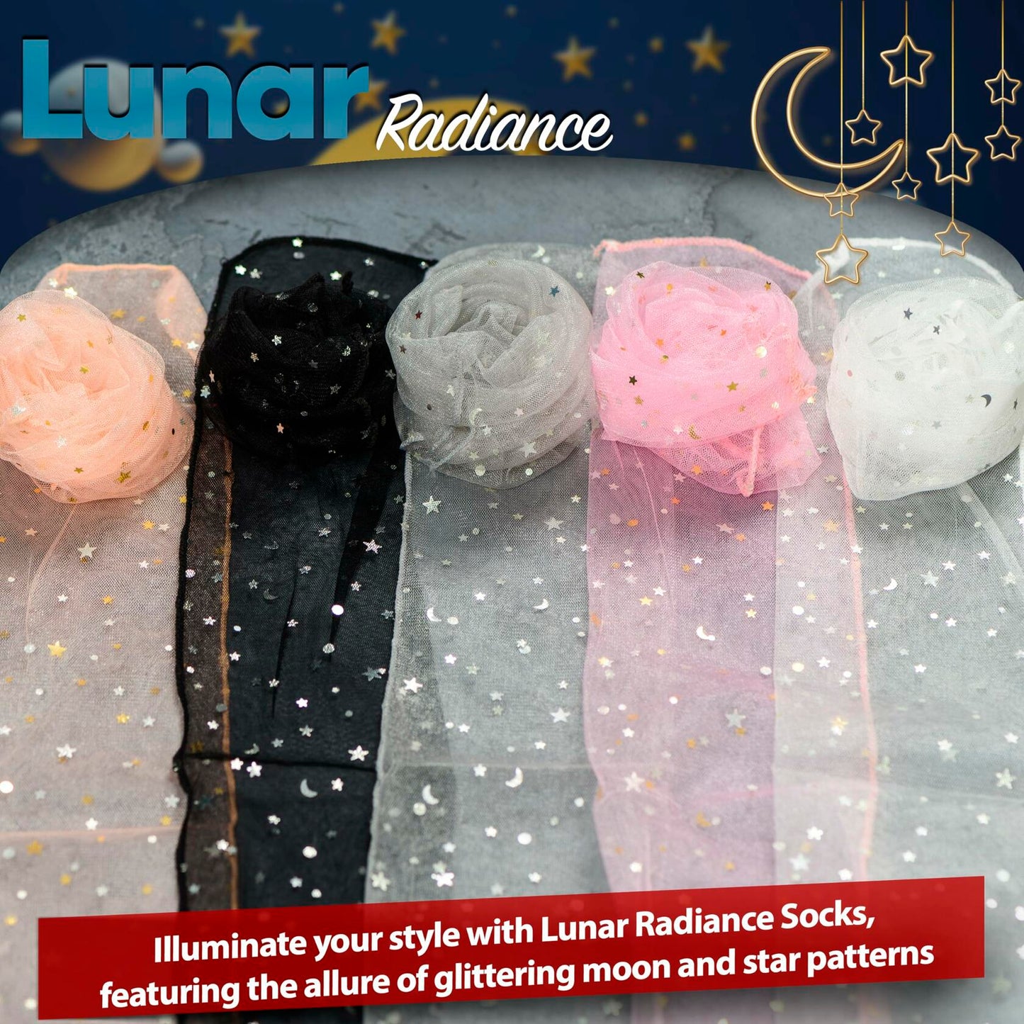 AVIAN LEGS Women Sheer Slouch Tulle Socks with Glitter Stars & Moon, 1 Pair