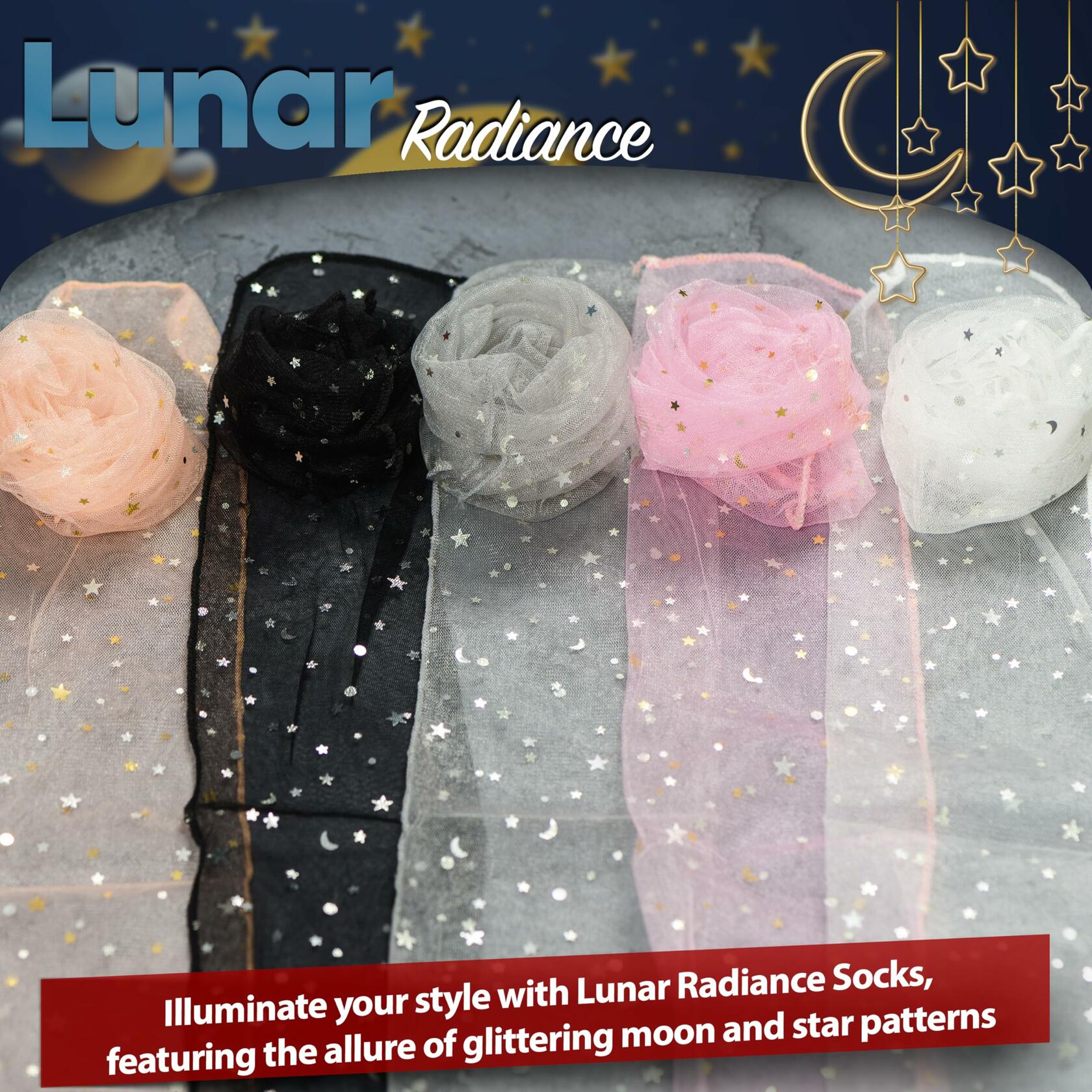AVIAN LEGS Women Sheer Slouch Tulle Socks with Glitter Stars & Moon, 1 Pair