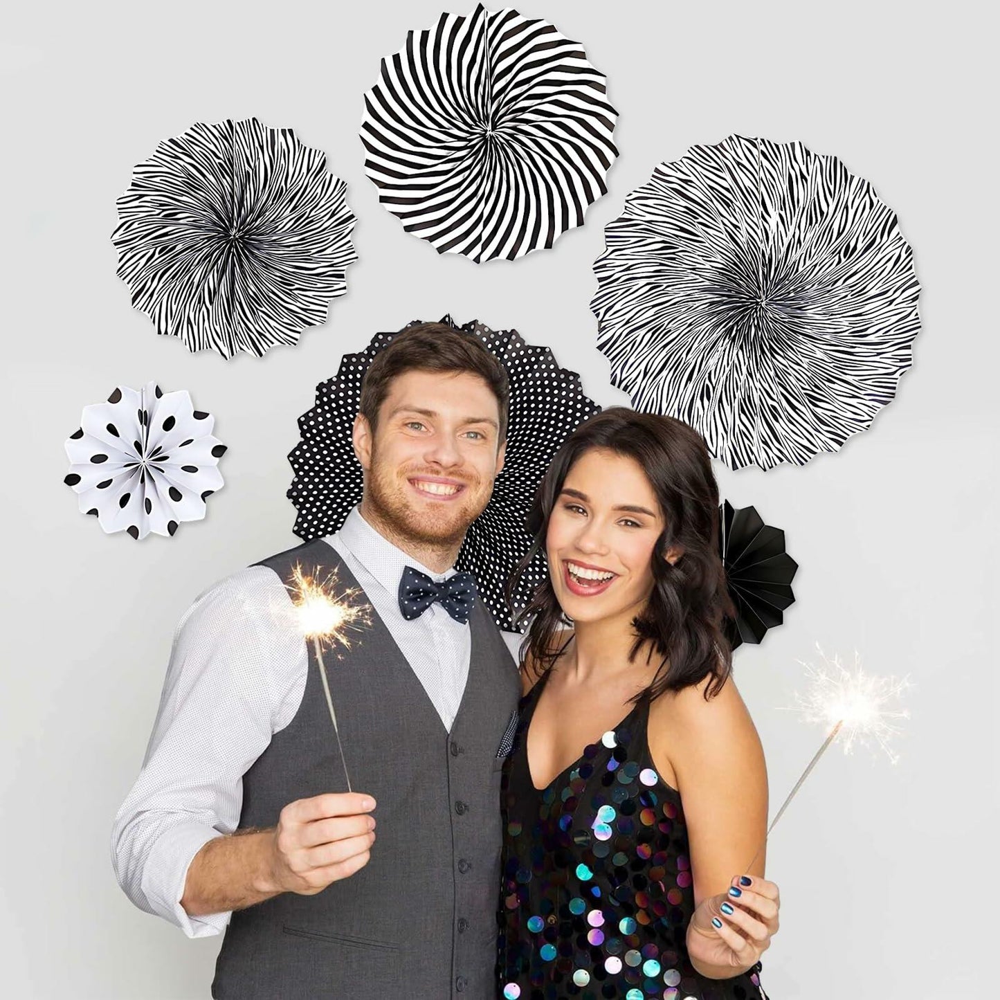 6PCS Black Hanging Paper Fans Party Decorations for Birthday, Wedding & Shower