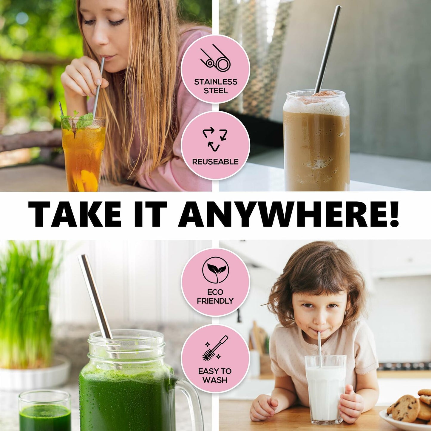 NightCap Straw Kit 2 Reusable Stainless Steel Straws w Brush Pouch Tips