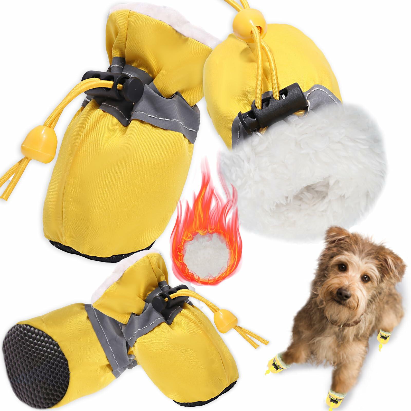 TEOZZO Dog Boots Warm Puppy Paw Protector Reflective Strip Size 6 Yellow 4PCs