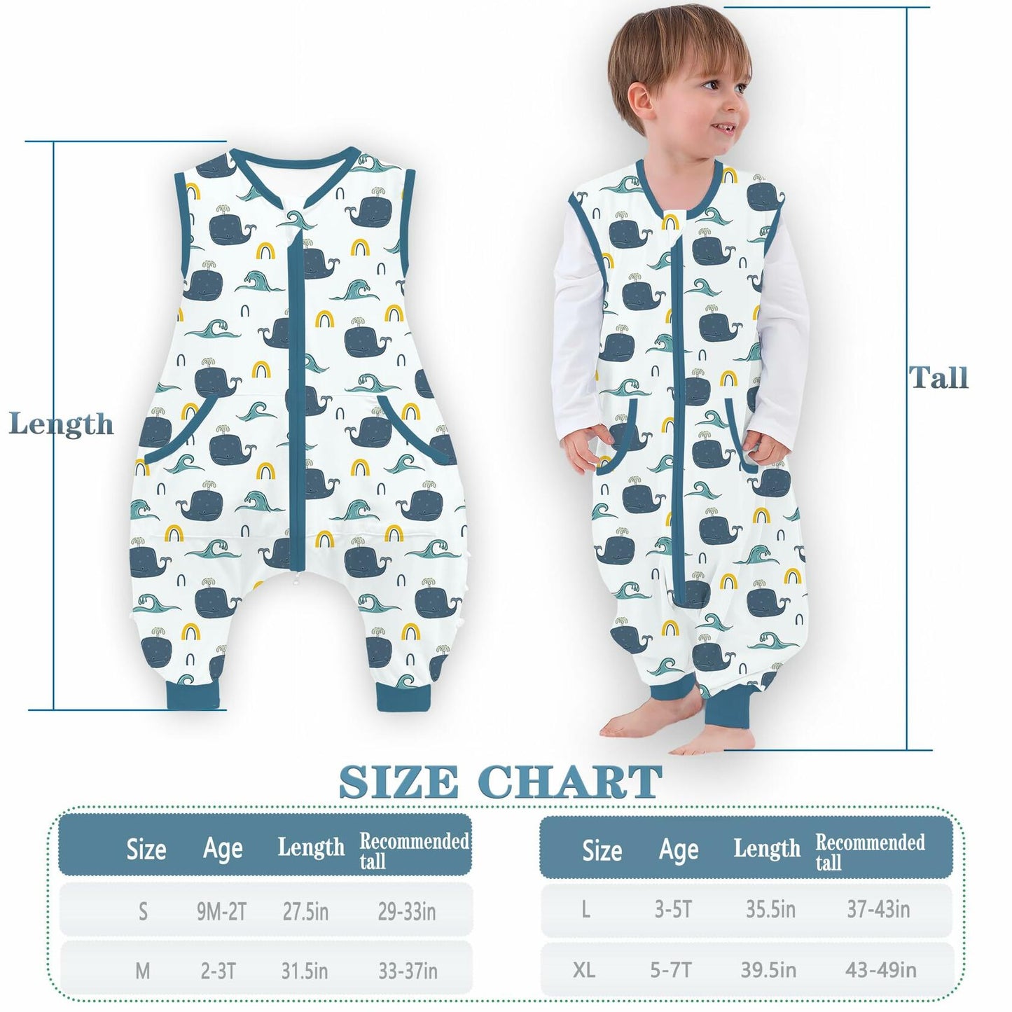 JOJOHEDIA Toddler Sleep Sack with Feet 0.5Tog, Baby sleeping sack(Whale,2T-3T)