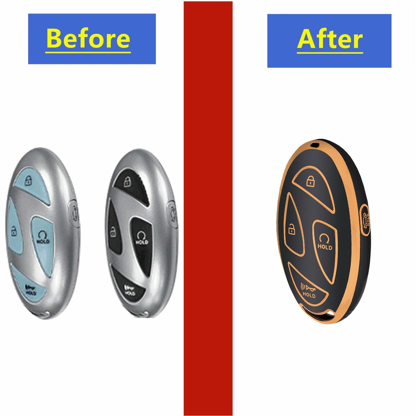 Hyundai Key Fob Cover Shell with Keychain 5 Buttons Black-Gold TAPAYICA