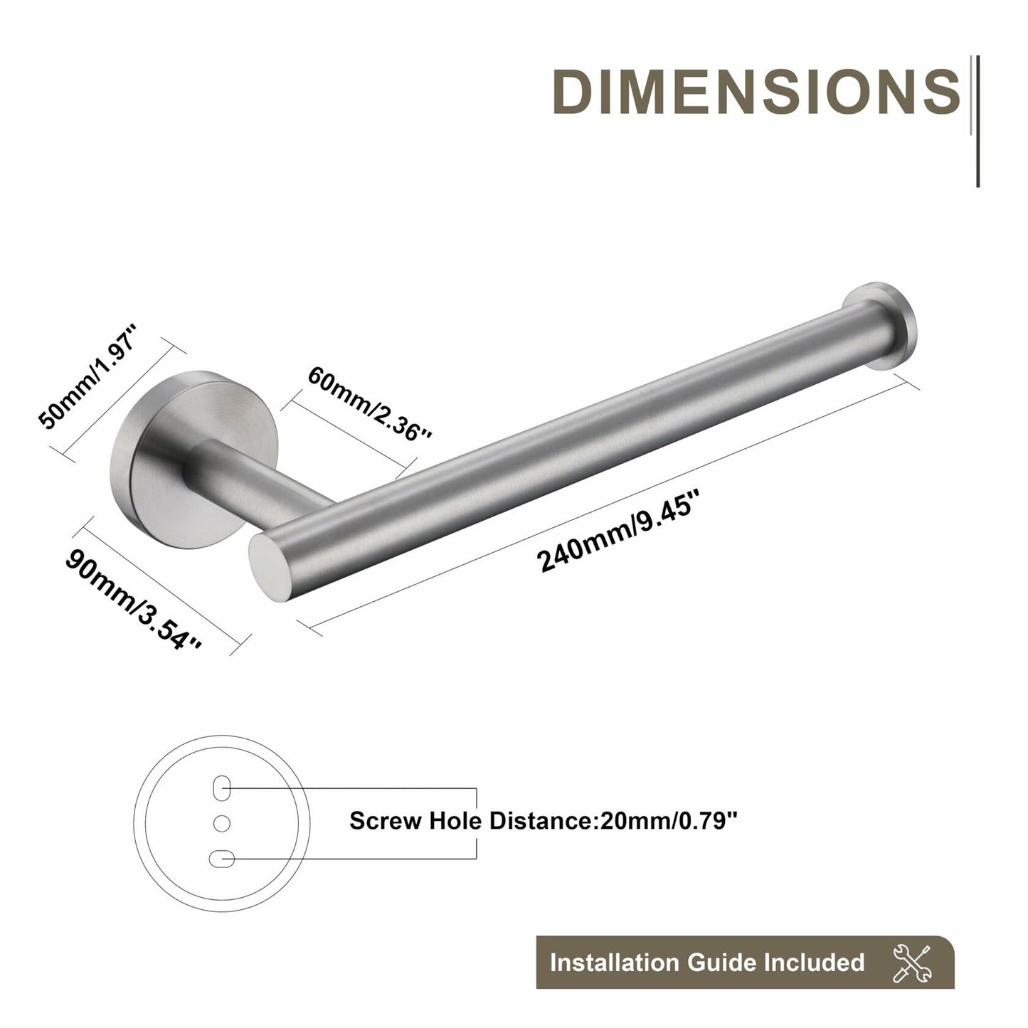 TASTOS Hand Towel Holder Brushed Gold Stainless Steel Wall Mounted 9in