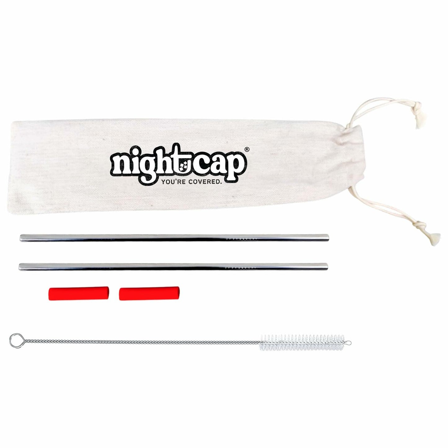 NightCap Straw Kit 2 Reusable Stainless Steel Straws w Brush Pouch Tips