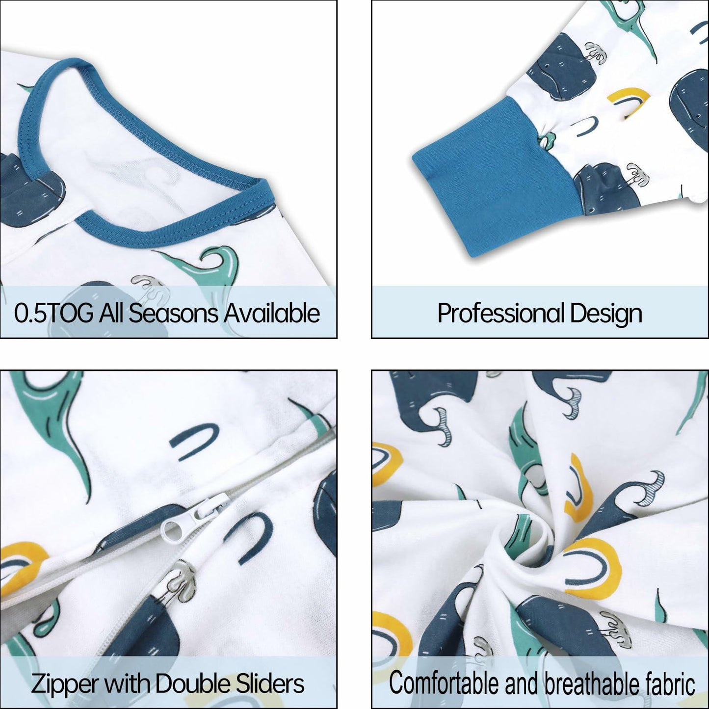 JOJOHEDIA Toddler Sleep Sack with Feet 0.5Tog, Baby sleeping sack(Whale,2T-3T)