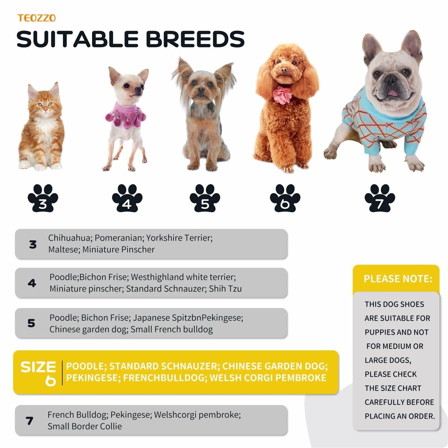 TEOZZO Dog Boots Warm Puppy Paw Protector Reflective Strip Size 6 Yellow 4PCs