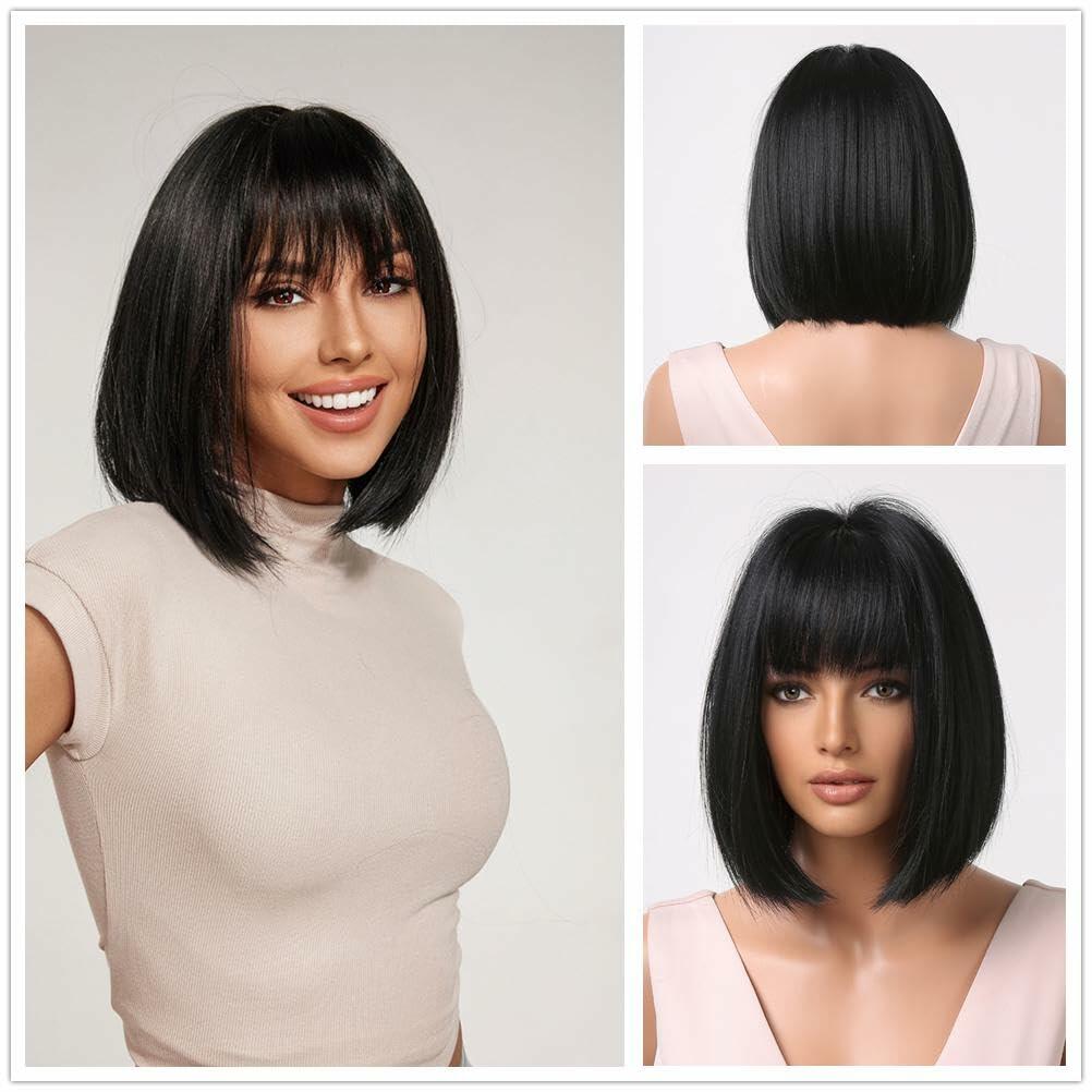 LESLY Natural Black Bob Human Hair Wig with Bangs Elegant Re-Stylable