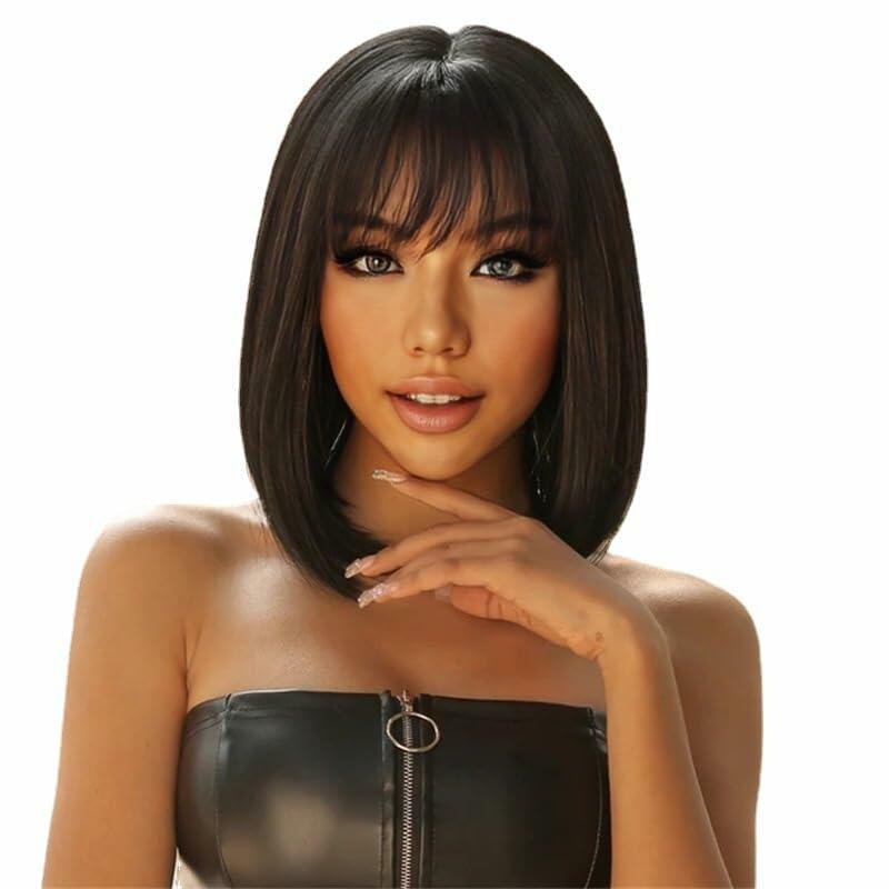 LESLY Natural Black Bob Human Hair Wig with Bangs Elegant Re-Stylable