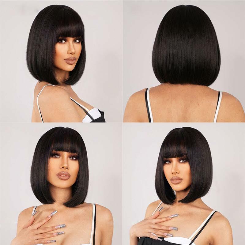 LESLY Natural Black Bob Human Hair Wig with Bangs Elegant Re-Stylable