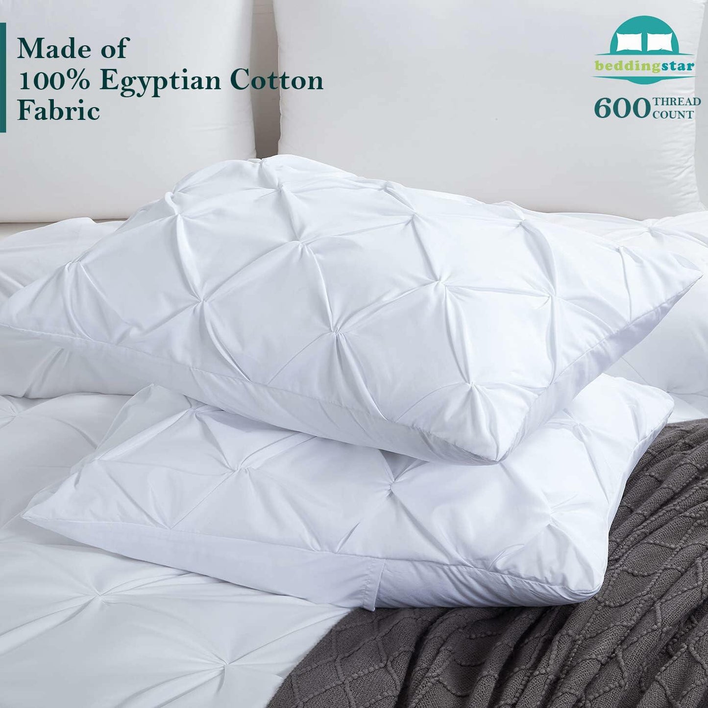 Queen Pillow Shams Set of 2 White Pinch Pleated 20x30 100% Egyptian Cotton