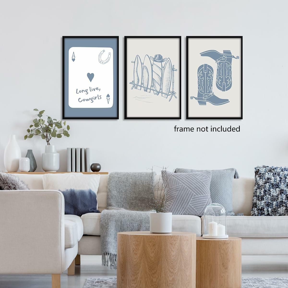 Venphude Coastal Art Canvas Set of 3 12x16in Unframed Blue Cowgirl Surfboard