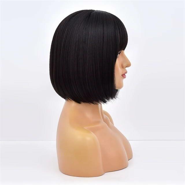 LESLY Natural Black Bob Human Hair Wig with Bangs Elegant Re-Stylable