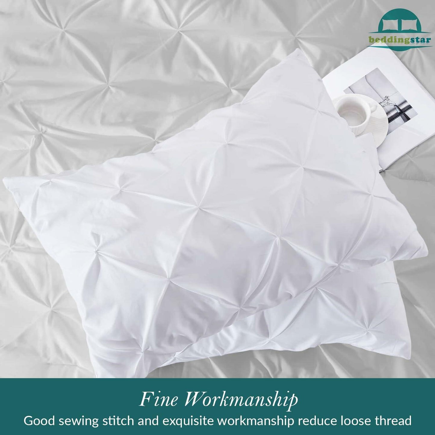 Queen Pillow Shams Set of 2 White Pinch Pleated 20x30 100% Egyptian Cotton