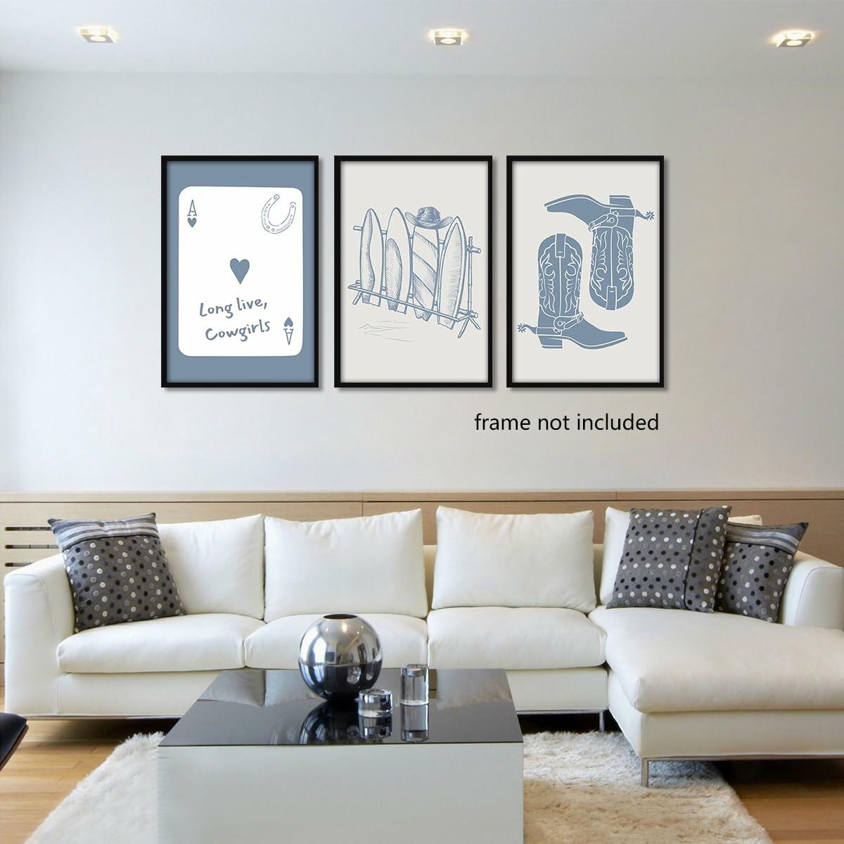 Venphude Coastal Art Canvas Set of 3 12x16in Unframed Blue Cowgirl Surfboard