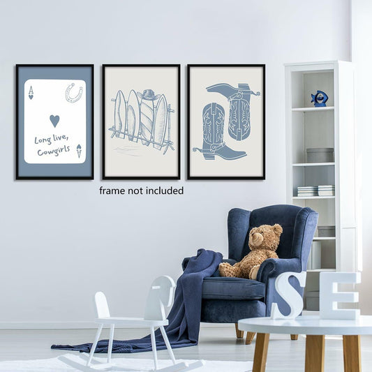 Venphude Coastal Art Canvas Set of 3 12x16in Unframed Blue Cowgirl Surfboard