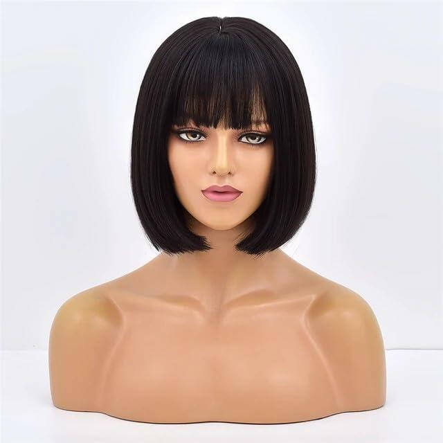 LESLY Natural Black Bob Human Hair Wig with Bangs Elegant Re-Stylable