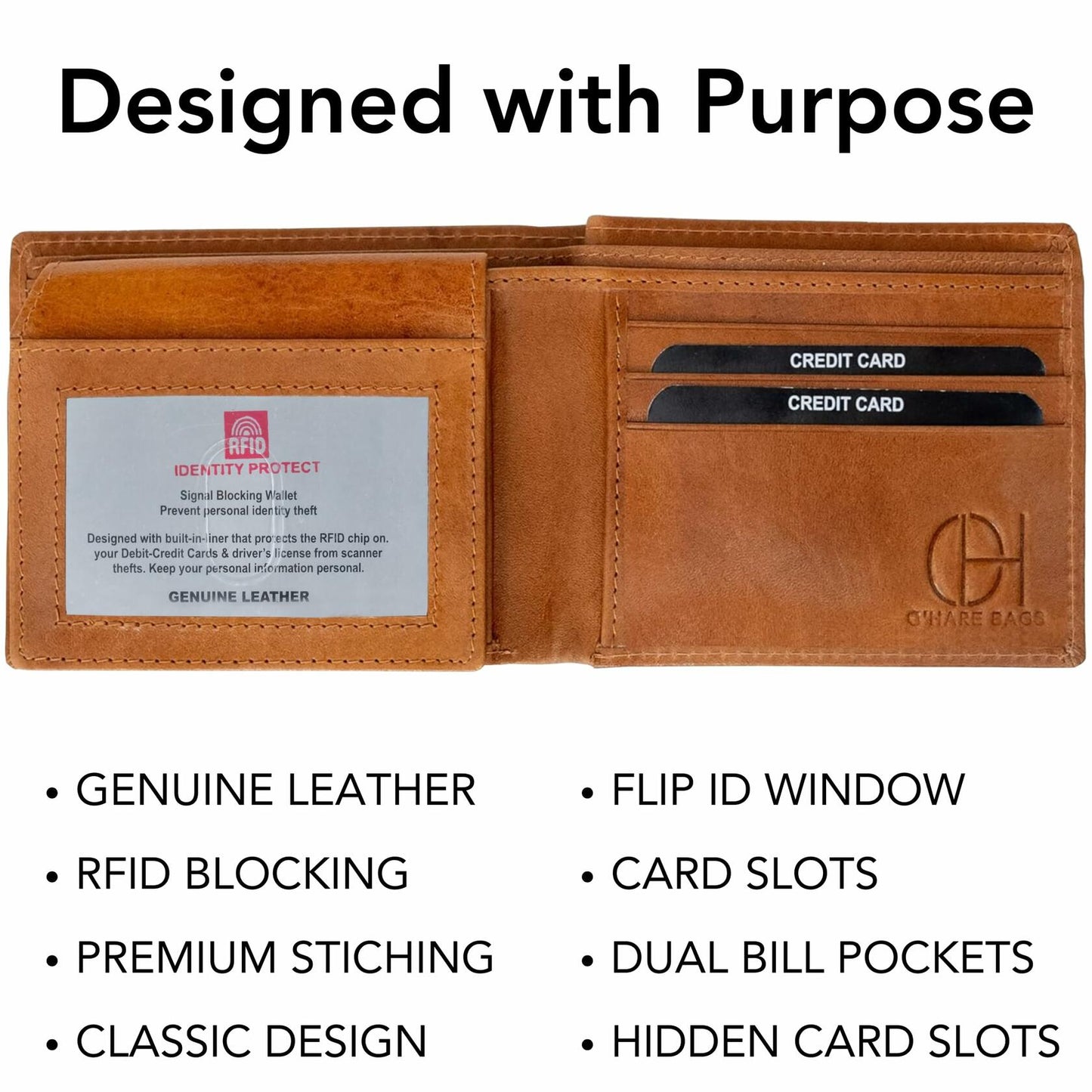 O'Hare Bags Men’s Bifold Wallet Genuine Leather RFID Flip ID Tan Slim