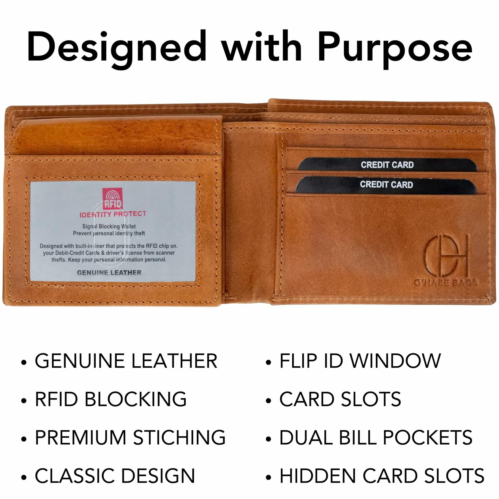 O'Hare Bags Men’s Bifold Wallet Genuine Leather RFID Flip ID Tan Slim