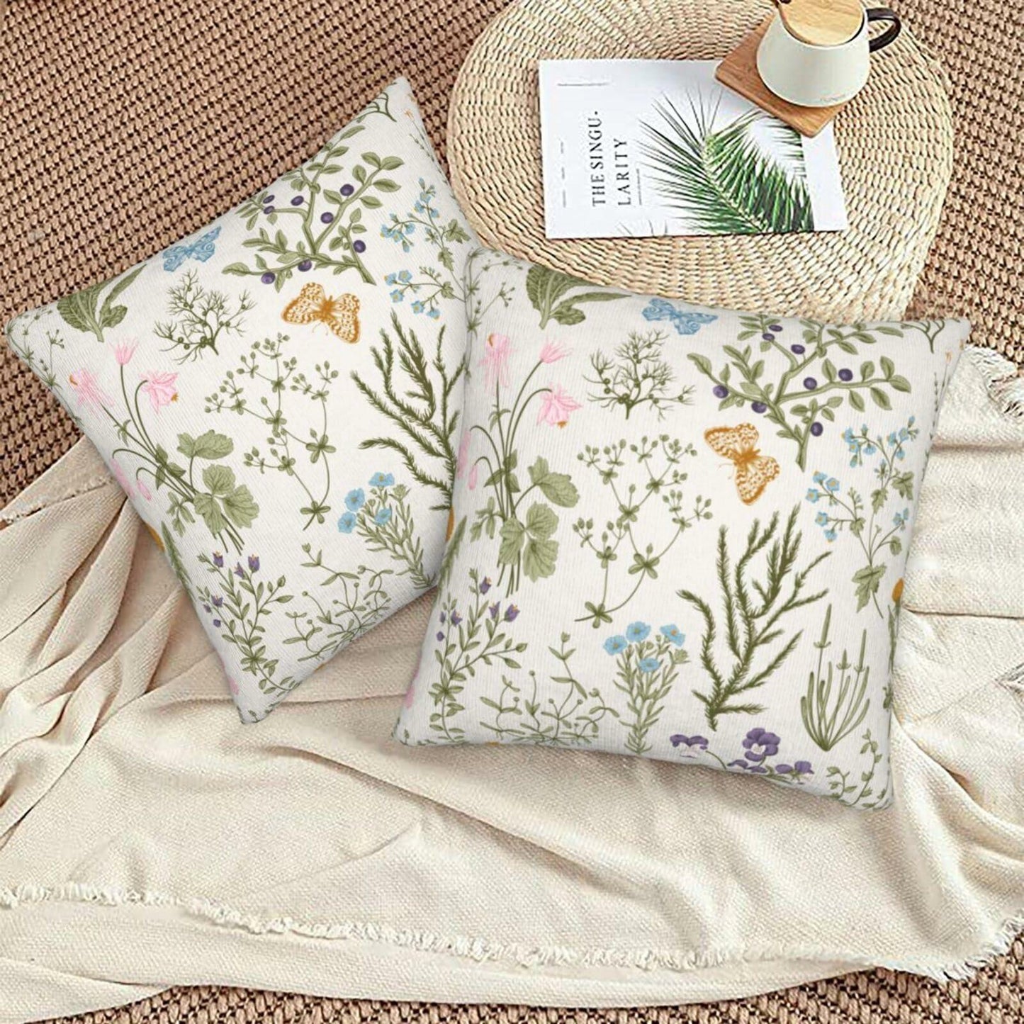 Yaemikoo 2PCS 18x18in Spring Sage Green Floral Pillow Covers Throw Pillow Cases