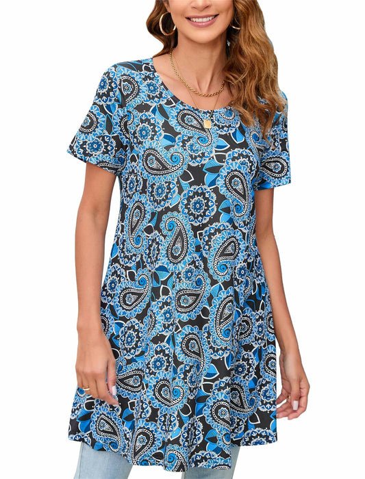ENMAIN Women’s Plus Size Short Sleeve Top Flare Tunic Loose Fit Blue Paisley
