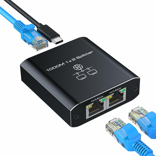 HRSDEIE Ethernet Splitter 1-to-2 Gigabit RJ45 1000Mbps Network LAN Adapter